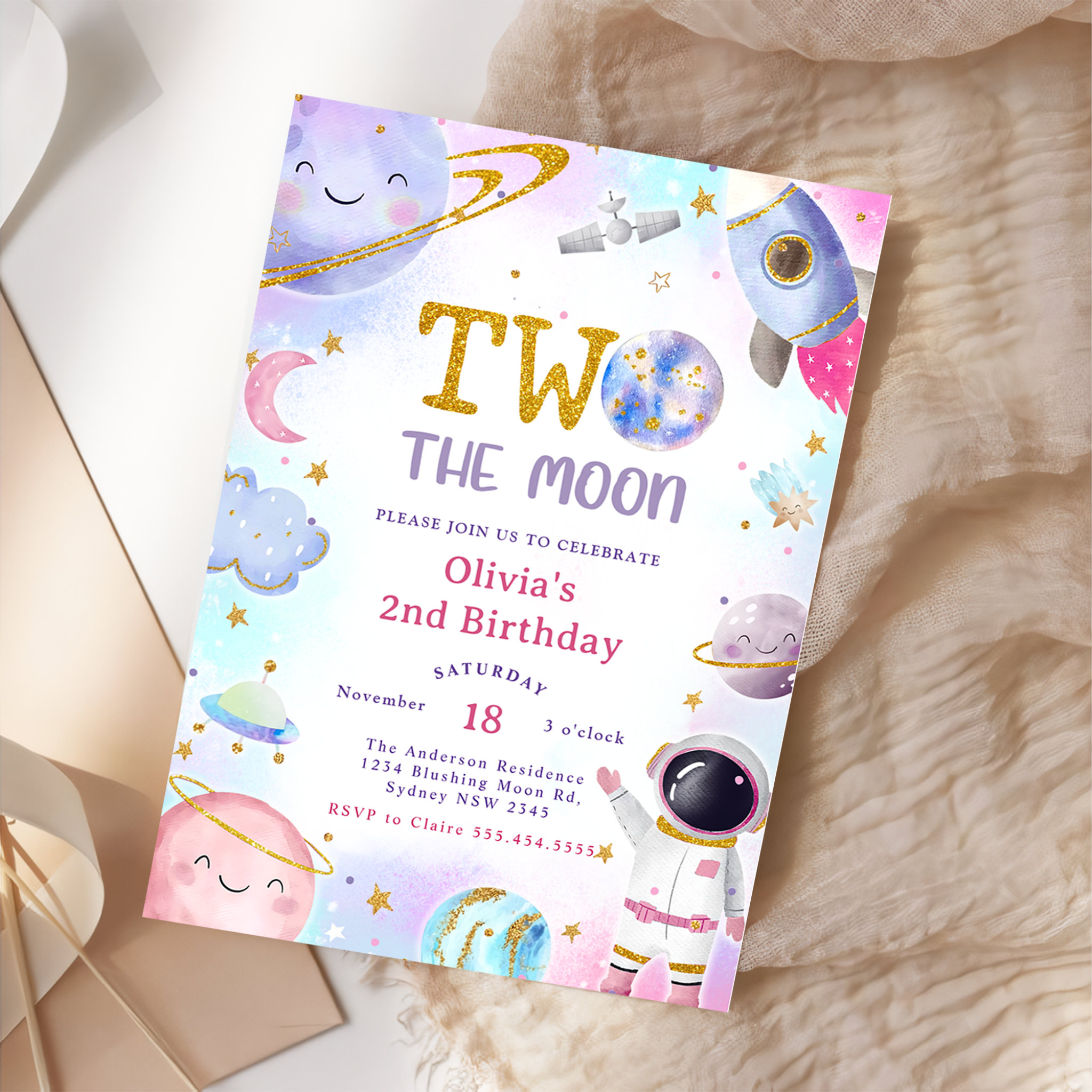 Space Birthday Party Two The Moon 2nd Birthday Invitation