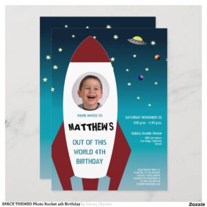 SPACE THEMED Photo Rocket 4th Birthday Invitation