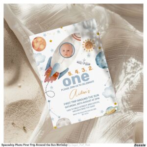 Spaceship Photo First Trip Around the Sun Birthday Invitation