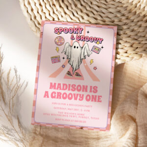 Spooky Groovy Pink Vintage Halloween 1st Birthday Invitation