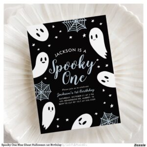 Spooky One Blue Ghost Halloween 1st Birthday Invitation