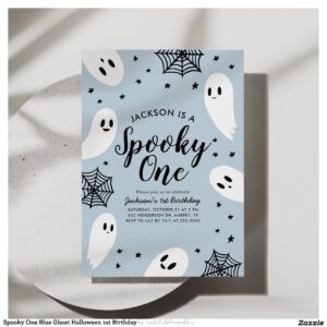 Spooky One Blue Ghost Halloween 1st Birthday Invitation