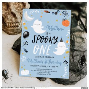 Spooky ONE Blue Ghost Halloween Birthday Invitation