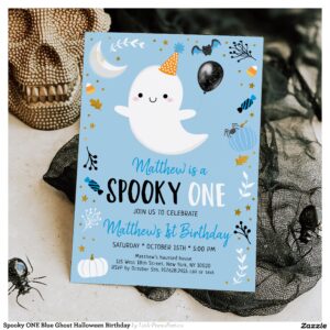 Spooky ONE Blue Ghost Halloween Birthday Invitation