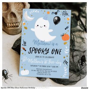 Spooky ONE Blue Ghost Halloween Birthday Invitation