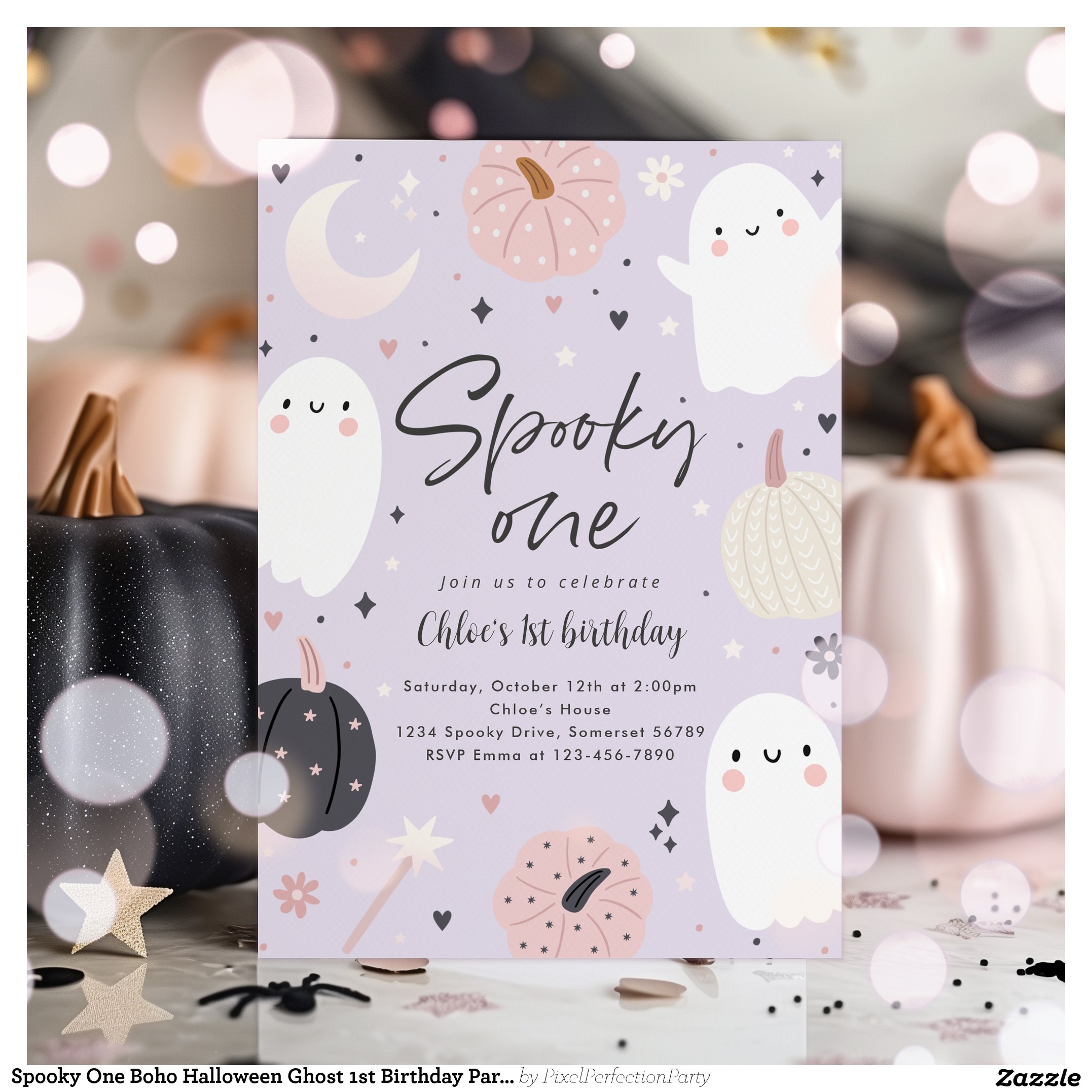 Spooky One Boho Halloween Ghost 1st Birthday Party Invitation