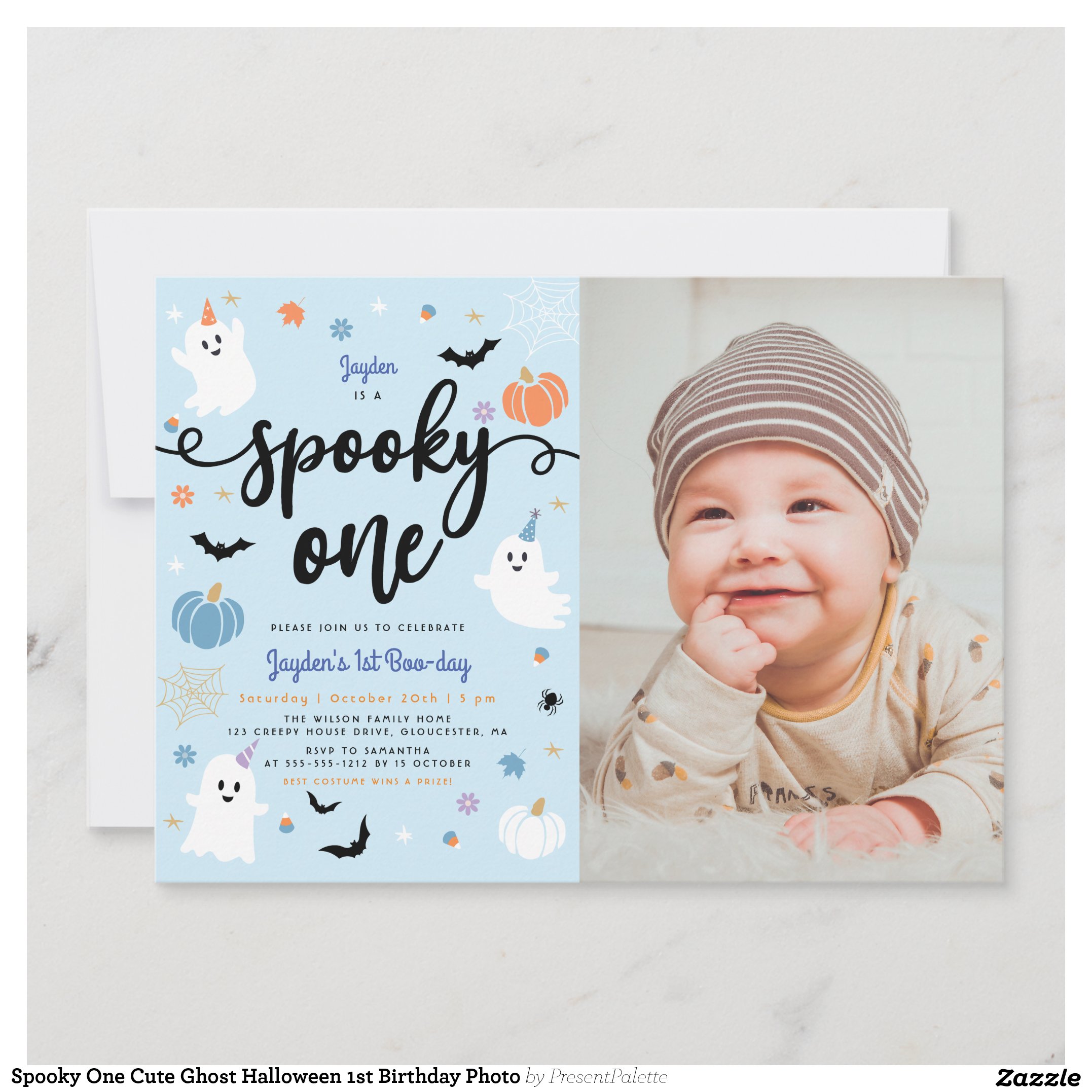Spooky One Cute Ghost Halloween 1st Birthday Photo Invitation