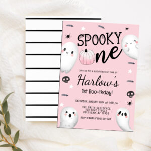 Spooky One Ghost Pastel Pink Halloween Birthday Invitation