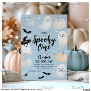 Spooky One Halloween 1st Birthday Boy Blue Ghost Invitation