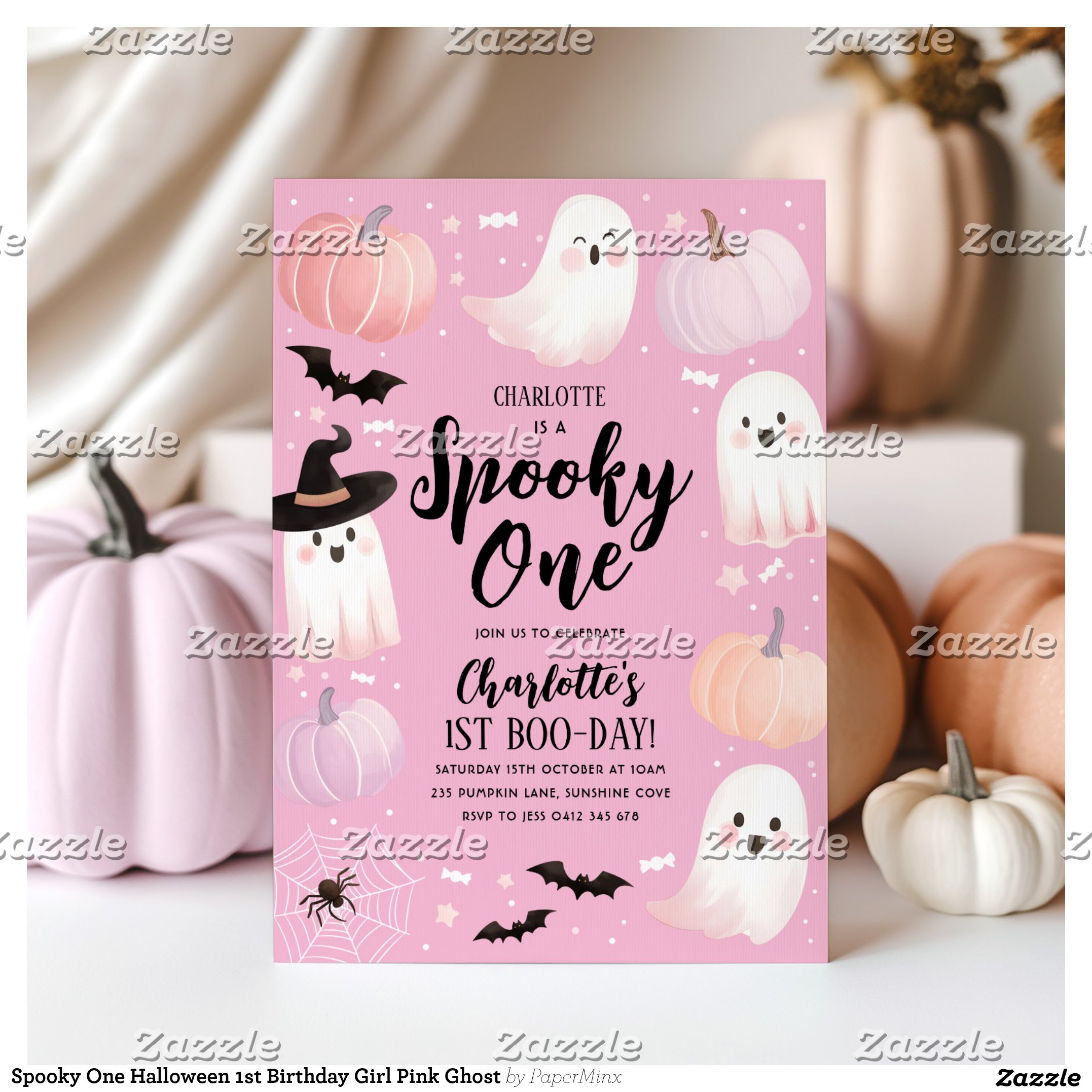 Spooky One Halloween 1st Birthday Girl Pink Ghost Invitation