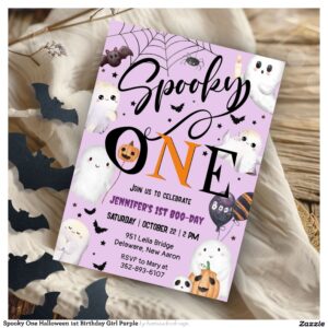 Spooky One Halloween 1st Birthday Girl Purple Invitation