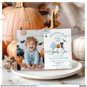 Spooky One Halloween birthday blue boy photo Invitation