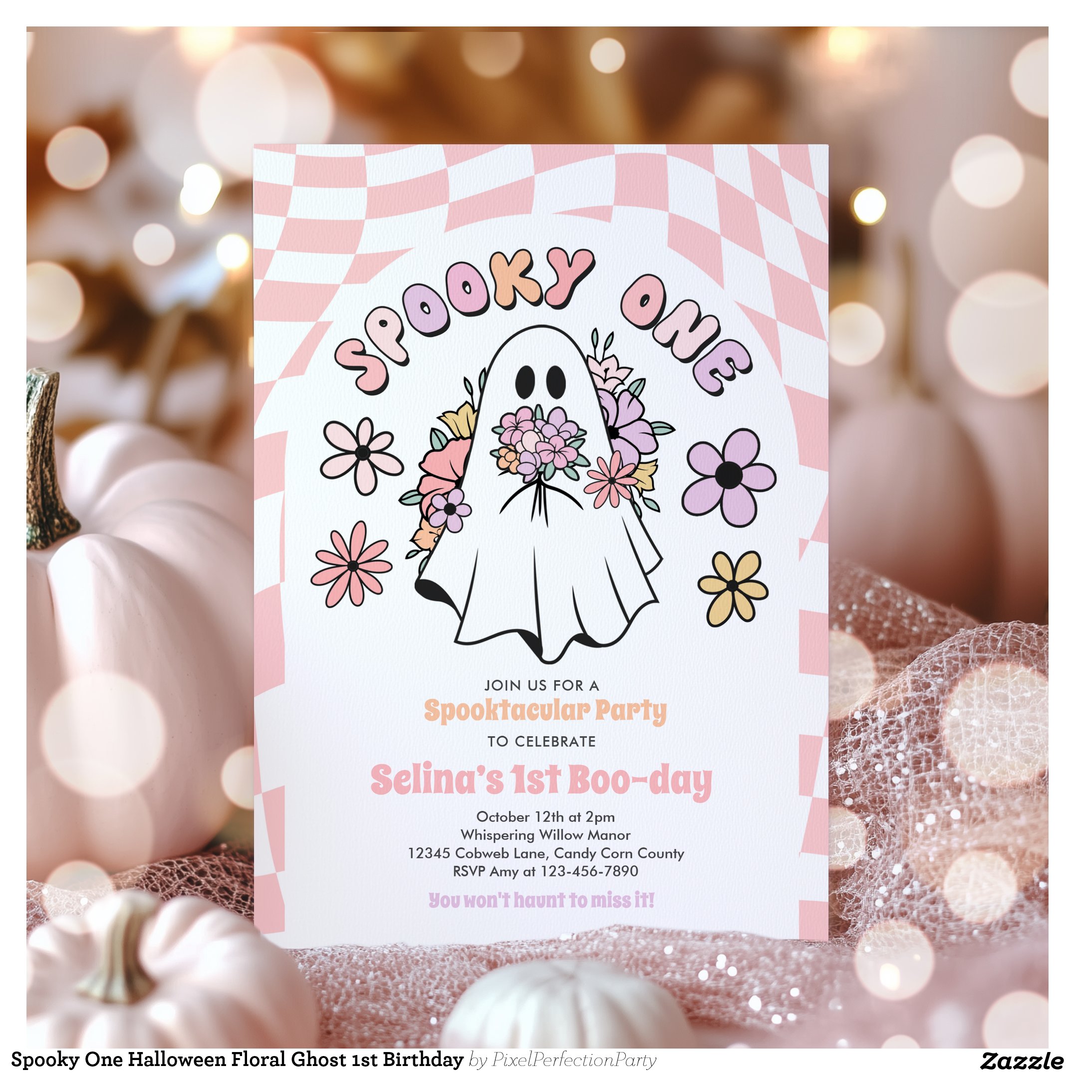 Spooky One Halloween Floral Ghost 1st Birthday Invitation