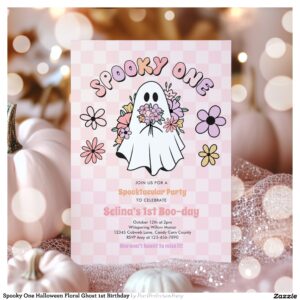 Spooky One Halloween Floral Ghost 1st Birthday Invitation