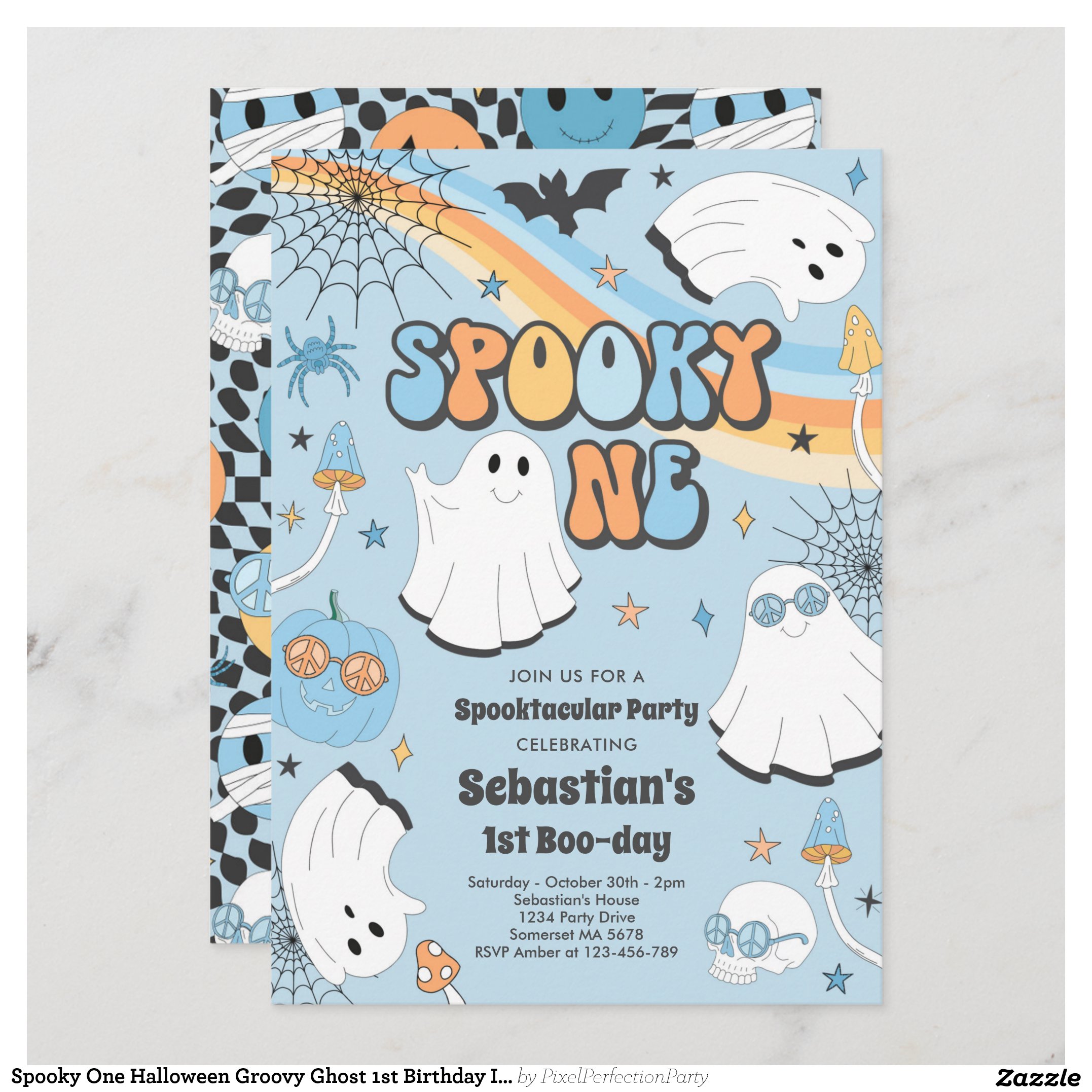Spooky One Halloween Groovy Ghost 1st Birthday Inv Invitation