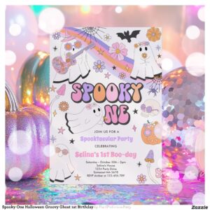 Spooky One Halloween Groovy Ghost 1st Birthday Invitation