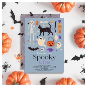 Spooky One Halloween Motifs Blue 1st Birthday Invitation