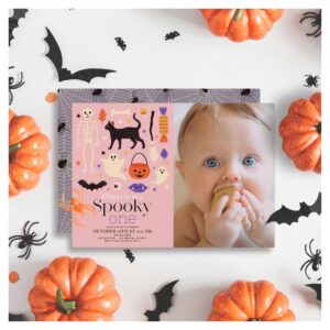Spooky One Halloween Pink 1st Birthday Photo Invitation