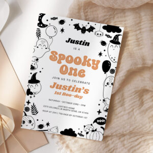 Spooky One Orange Ghost Halloween Birthday Invitation
