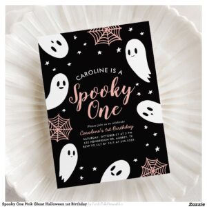 Spooky One Pink Ghost Halloween 1st Birthday Invitation