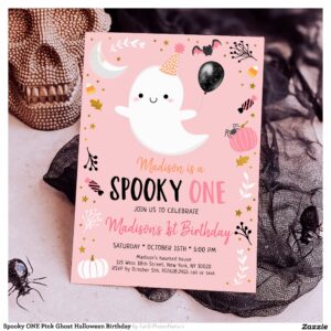 Spooky ONE Pink Ghost Halloween Birthday Invitation