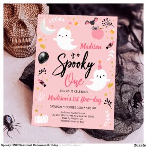 Spooky ONE Pink Ghost Halloween Birthday Invitation