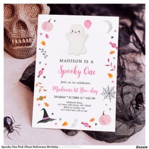 Spooky One Pink Ghost Halloween Birthday Invitation
