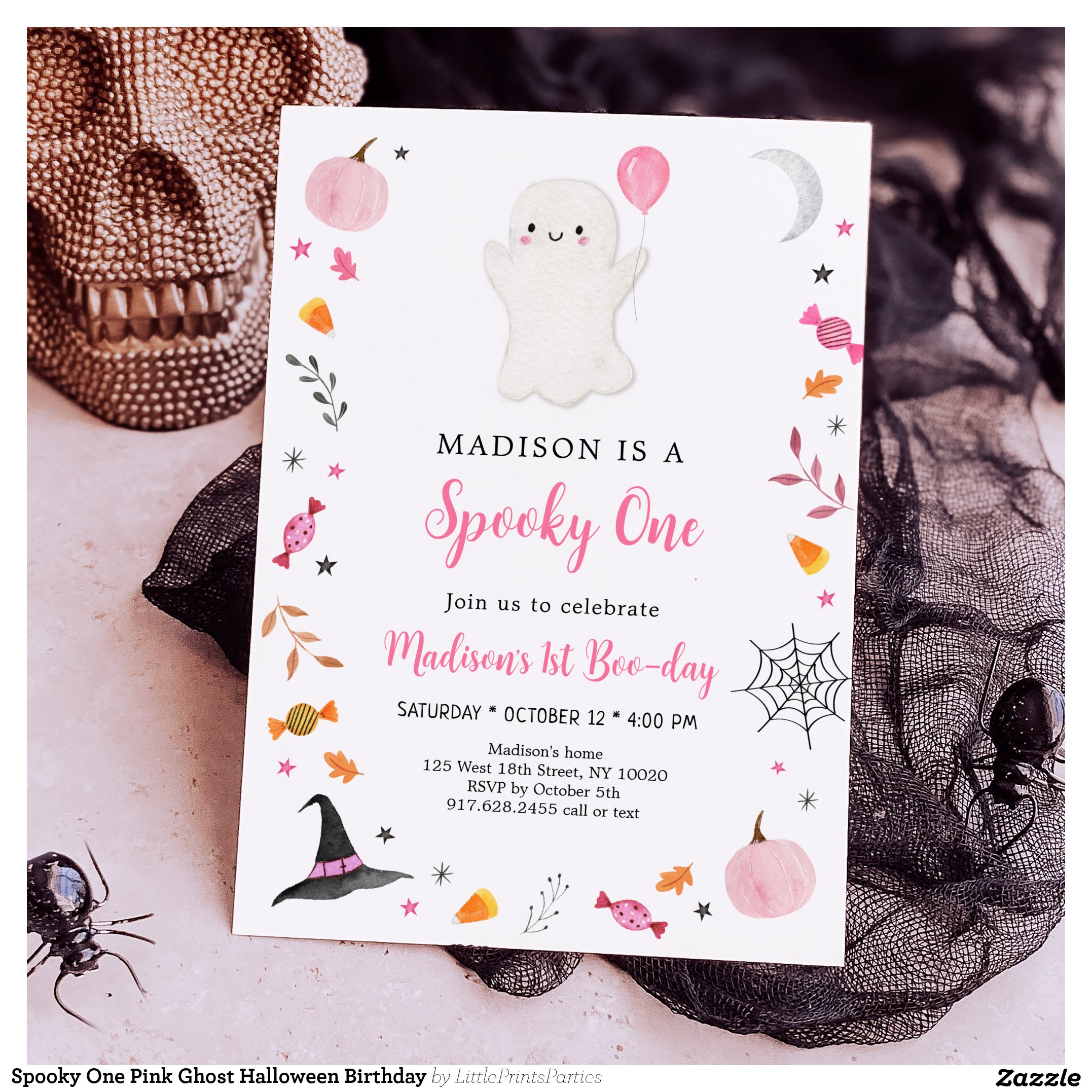 Spooky One Pink Ghost Halloween Birthday Invitation