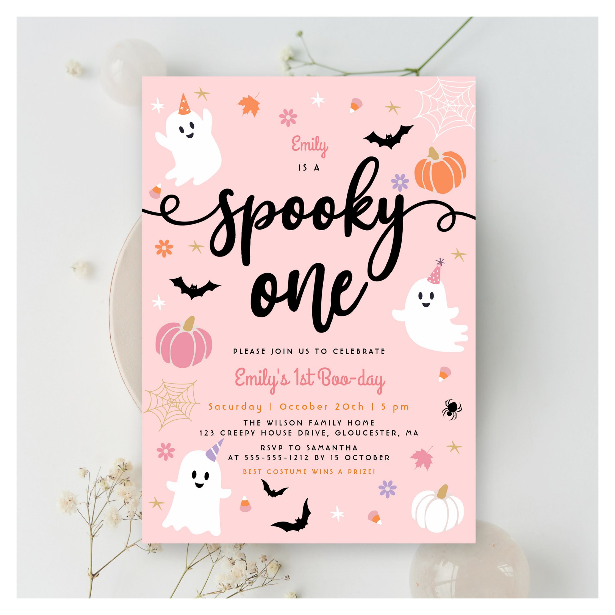 Spooky One Pink Halloween Cute Ghost 1st Birthday Invitation