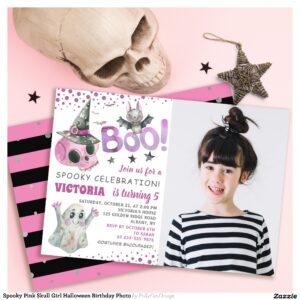 Spooky Pink Skull Girl Halloween Birthday Photo Invitation