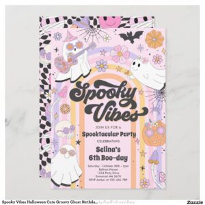 Spooky Vibes Halloween Cute Groovy Ghost Birthday Invitation