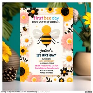 spring daisy Yellow first 1st bee day birthday Invitation
