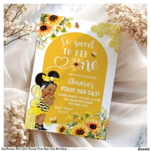 Sunflower Afro Girl Honey First Bee-Day Birthday Invitation