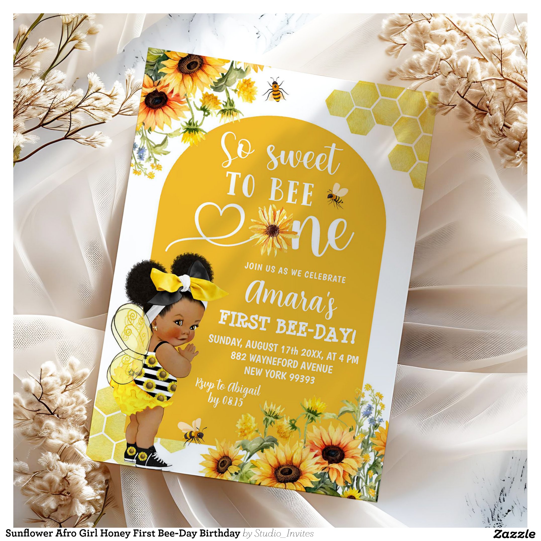 Sunflower Afro Girl Honey First Bee-Day Birthday Invitation