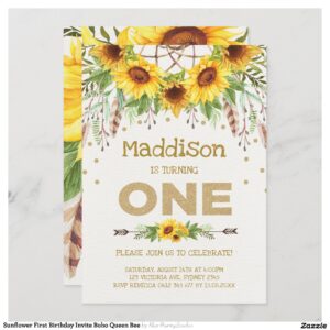 Sunflower First Birthday Invite Boho Queen Bee