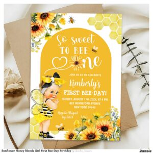 Sunflower Honey Blonde Girl First Bee-Day Birthday Invitation
