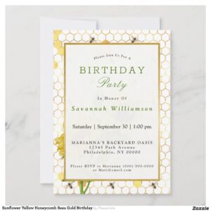 Sunflower Yellow Honeycomb Bees Gold Birthday Invitation