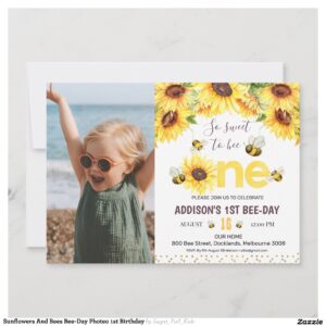 Sunflowers And Bees Bee-Day Photeo 1st Birthday Invitation