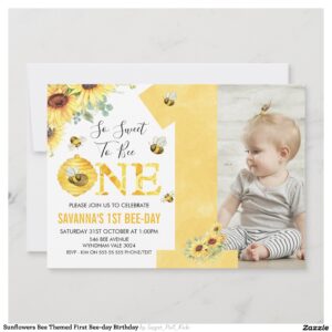 Sunflowers Bee Themed First Bee-day Birthday Invitation
