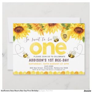 Sunflowers Bees Hearts Bee-Day First Birthday Invitation