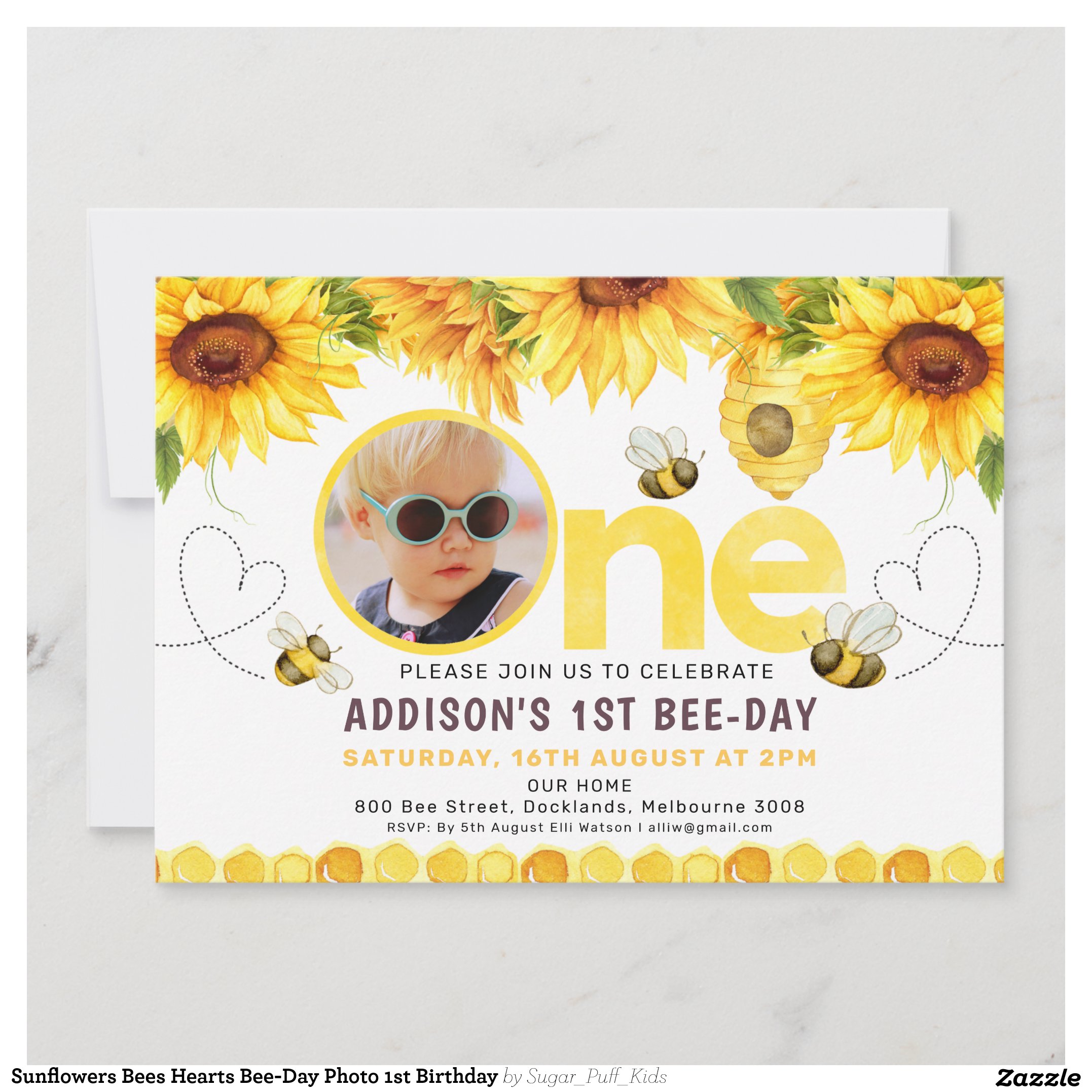 Sunflowers Bees Hearts Bee-Day Photo 1st Birthday Invitation