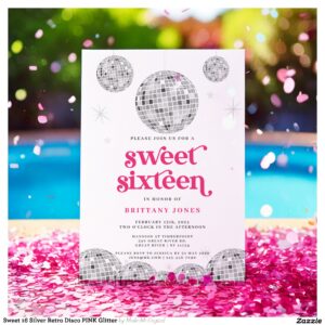 Sweet 16 Silver Retro Disco PINK Glitter Invitation