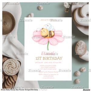 Sweet Baby Honey Bee Flower Striped Birthday Invitation