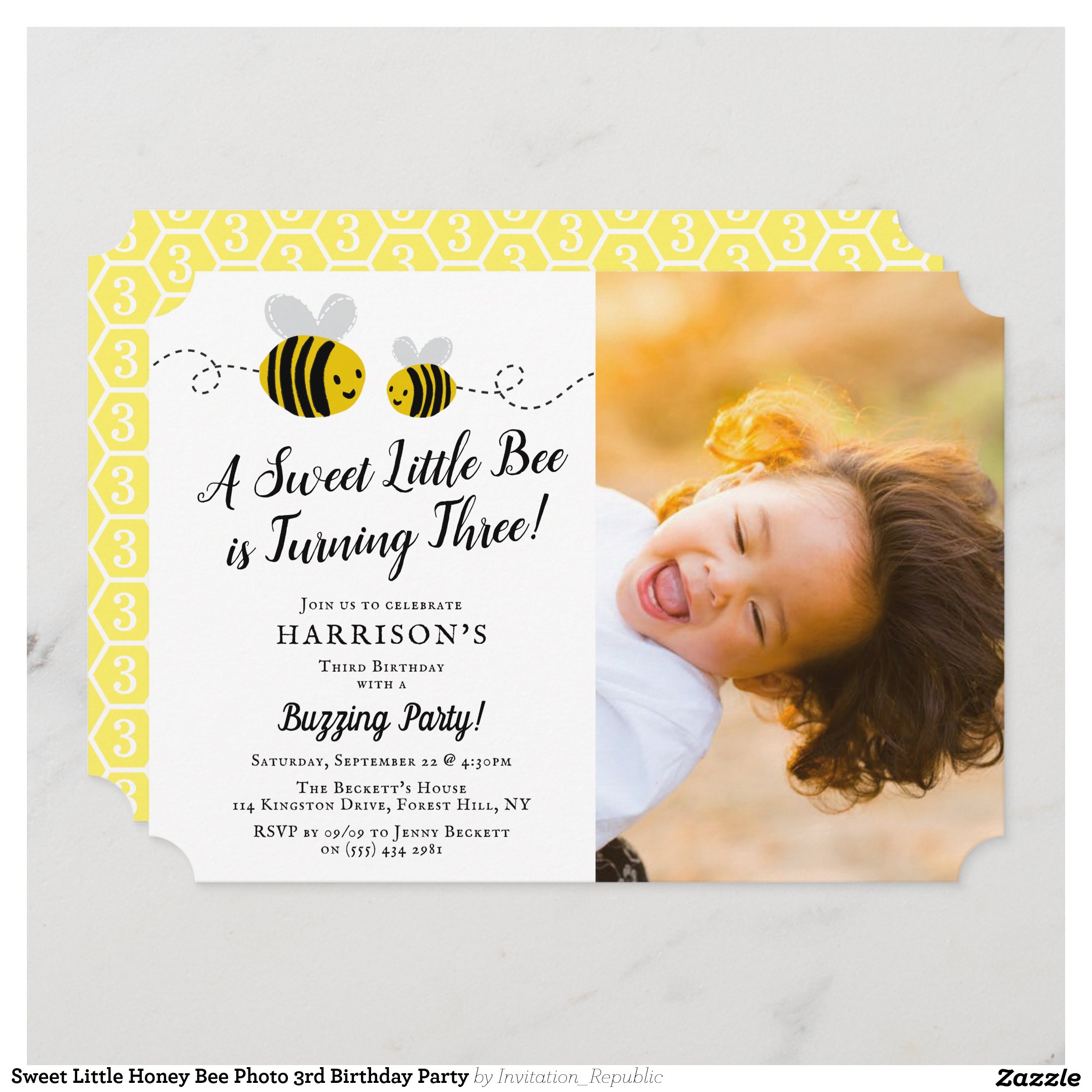 Sweet Little Honey Bee Photo 3rd Birthday Party Invitation