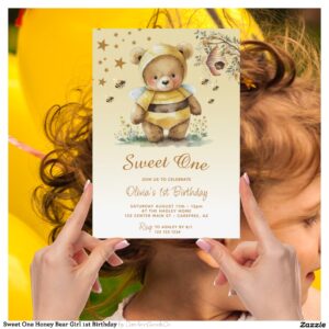 Sweet One Honey Bear Girl 1st Birthday Invitation