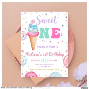 Sweet One Ice Cream Donut 1st Birthday Invitation