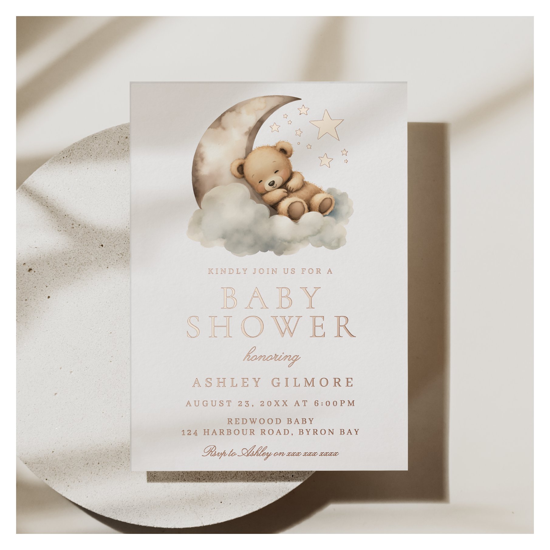 Sweet Teddy Bear Neutral Baby Shower Rose Gold Foil Invitation