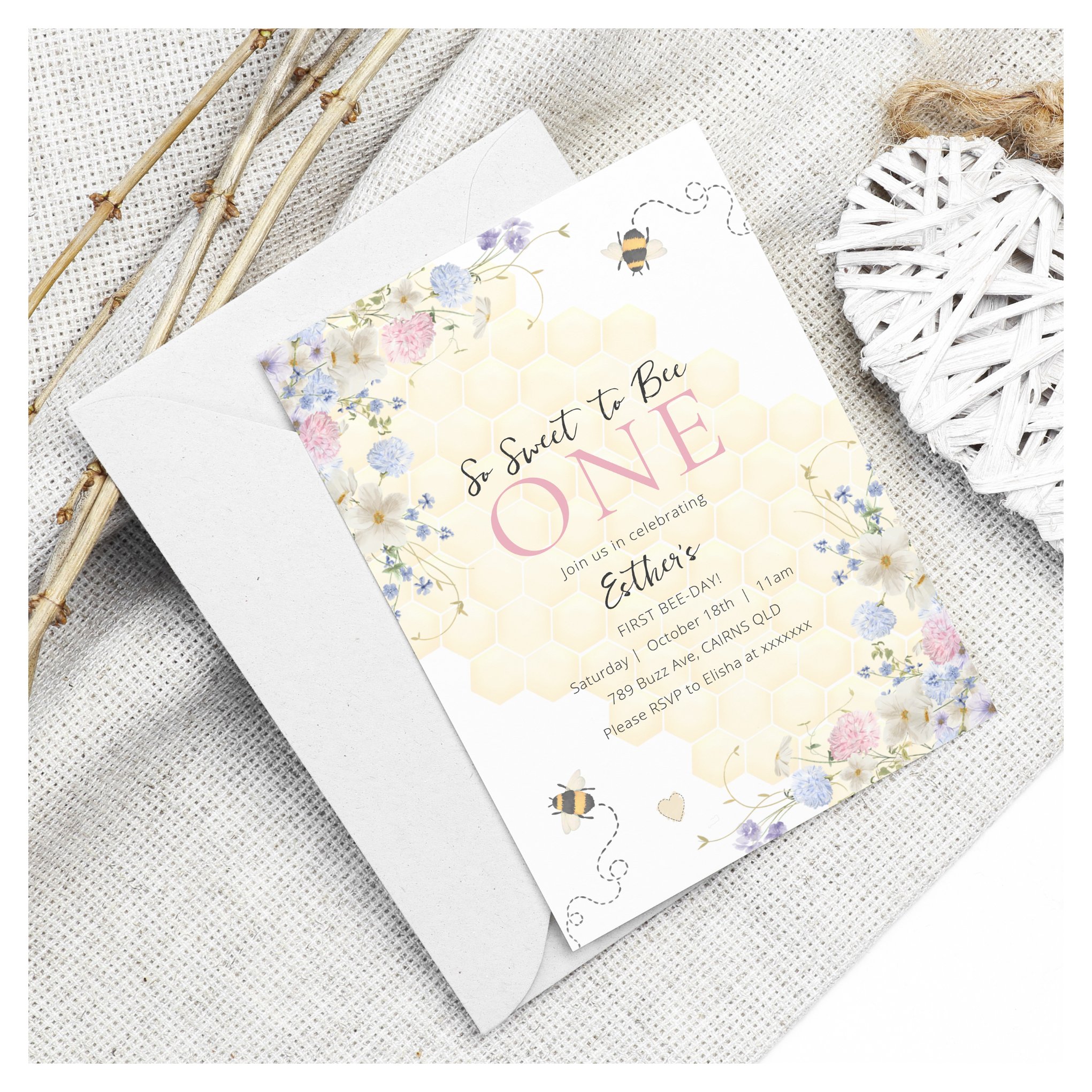 Sweet To Bee One Honey Girls First Birthday Invitation