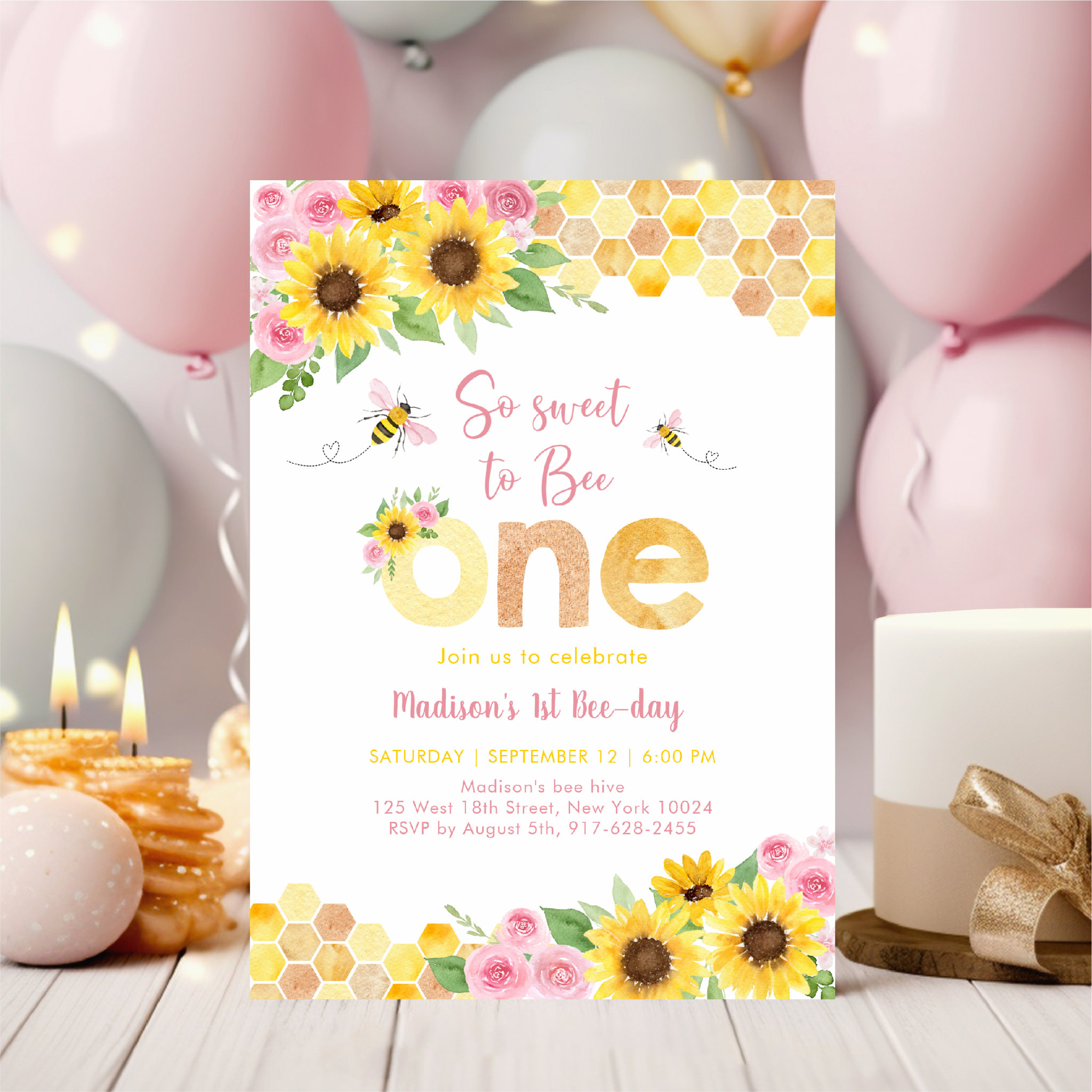 Sweet to Bee One Pink Floral Sunflower Birthday Invitation