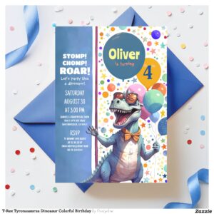 T-Rex Tyronasaurus Dinosaur Colorful Birthday Invitation